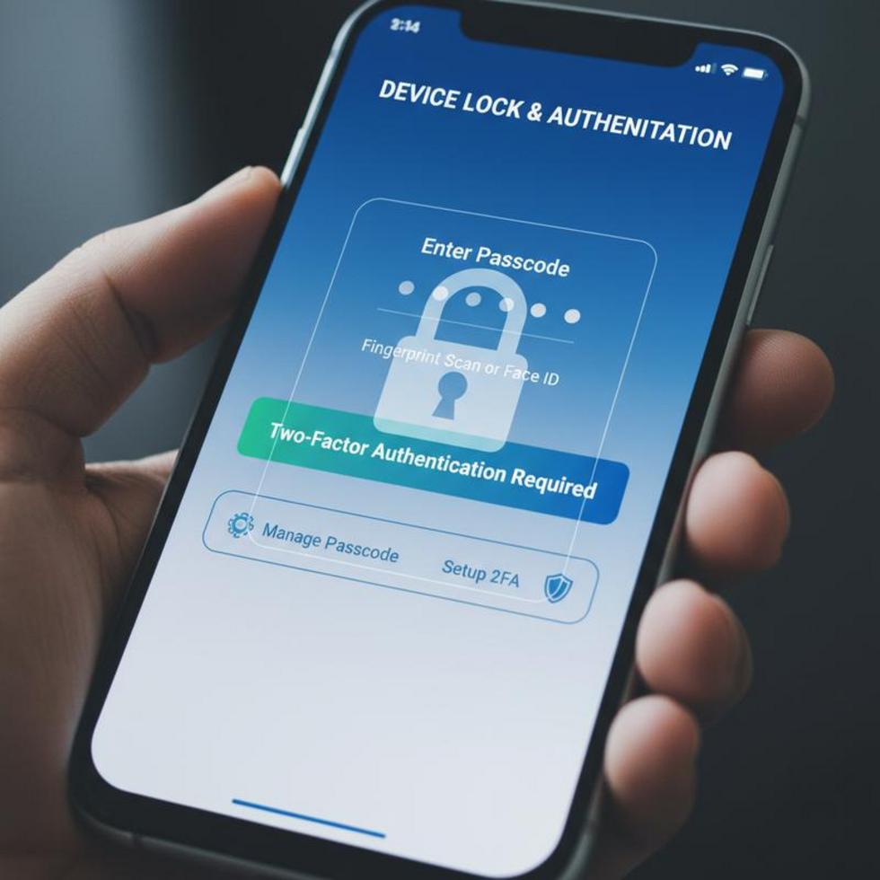 Collage of smartphone screens and icons illustrating different security settings.