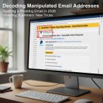 A person looking at a laptop with highlighted phishing email examples, displaying typical 2026 phishing tactics.