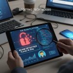 Senior viewing computer screen with fake tech support number, highlighting scam risk.