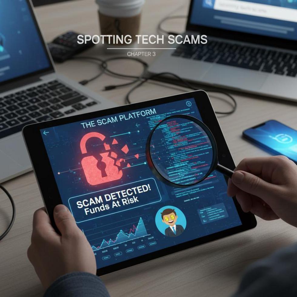 Senior viewing computer screen with fake tech support number, highlighting scam risk.