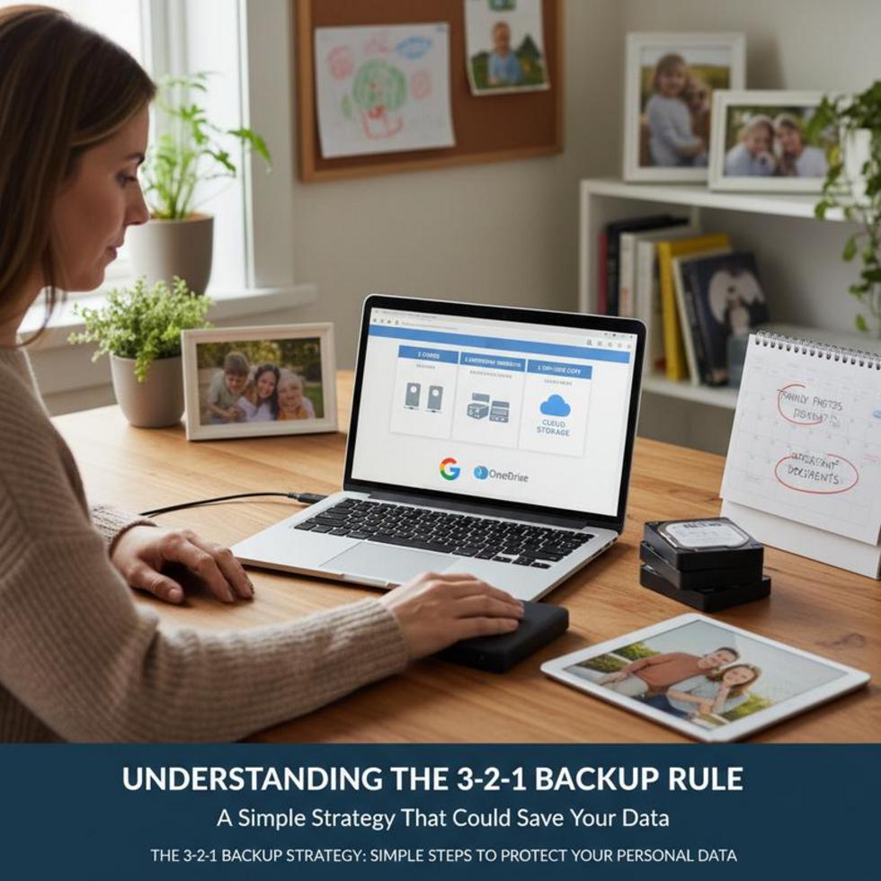 Family backing up data with laptops and drives, with a symbolic cloud backup representation.