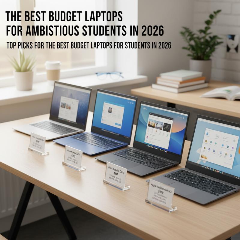 Four budget laptop picks for students in 2026, including Lenovo, Acer, Asus Chromebook, and MacBook Air.