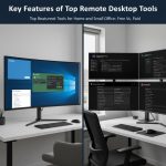 A large screen in a home office showing a collage of various remote desktop tool interfaces.