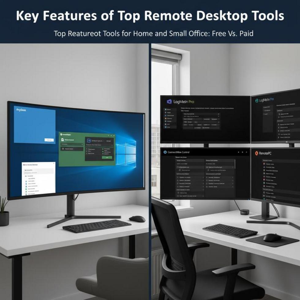 A large screen in a home office showing a collage of various remote desktop tool interfaces.
