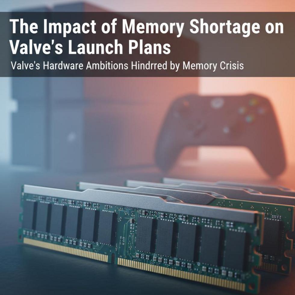 Steam Machine in front of scattered memory modules, illustrating supply challenges.