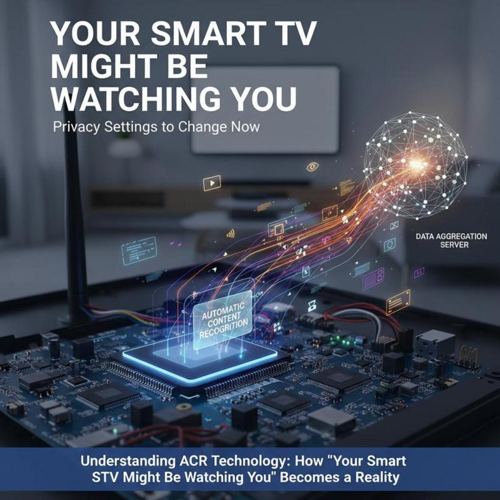 A family room setup with a smart TV displaying privacy warning signals and data streams.