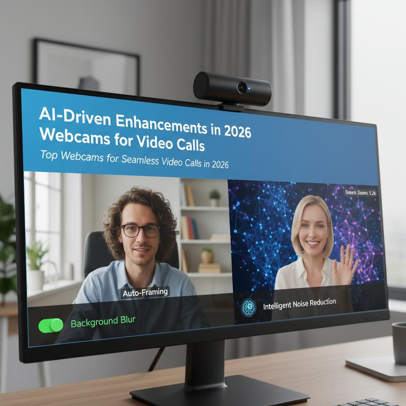 Webcam software screen showing AI framing, background blur, and gaze correction options.