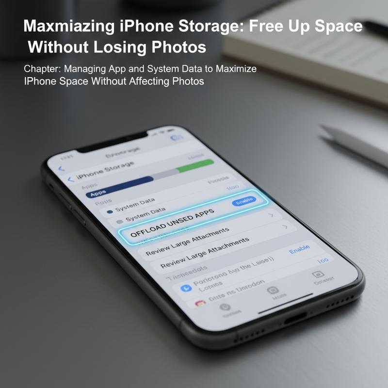 iPhone storage page showing app list and system data usage breakdown.