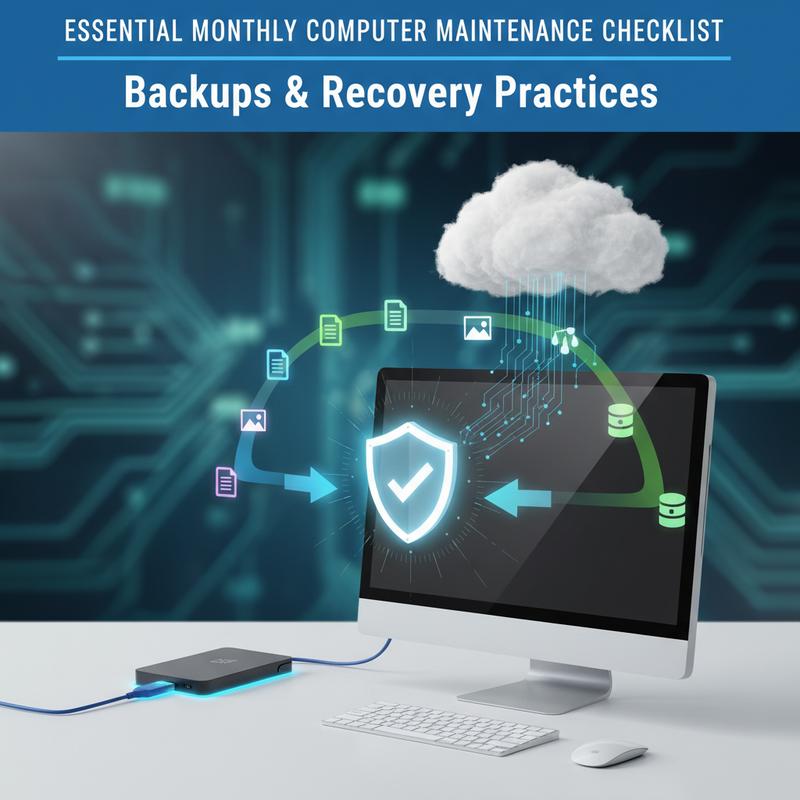 External drive and cloud backup icons representing a monthly backup plan.