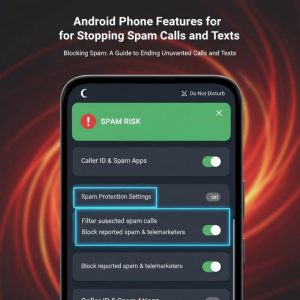 Multiple smartphones with anti-spam features illuminated on their screens.