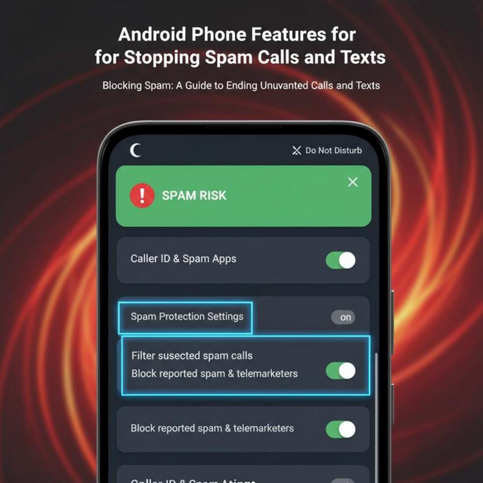 Multiple smartphones with anti-spam features illuminated on their screens.