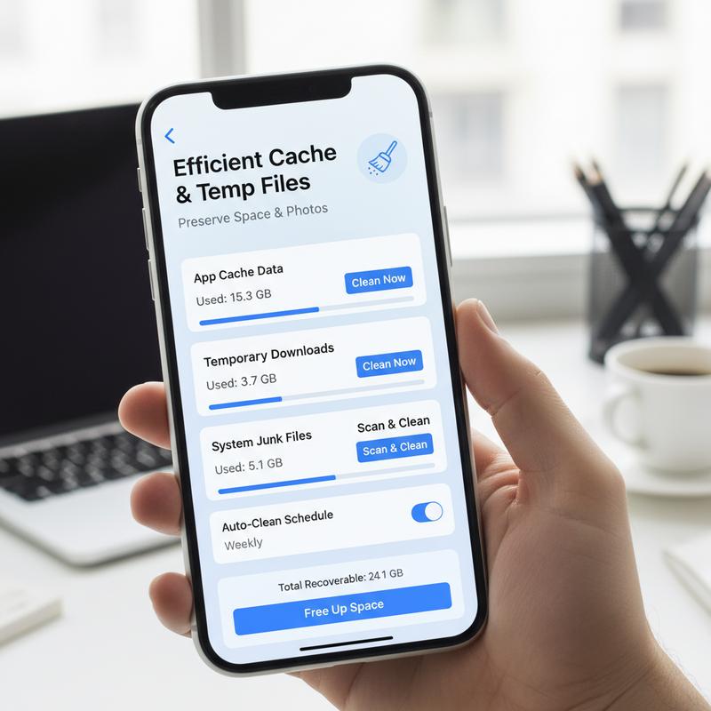 iPhone settings and storage view focused on cache and downloaded files.