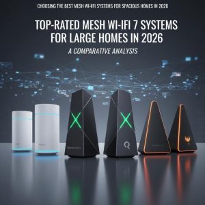 Interior of a large home displaying a modern mesh Wi-Fi system setup with nodes in several rooms.