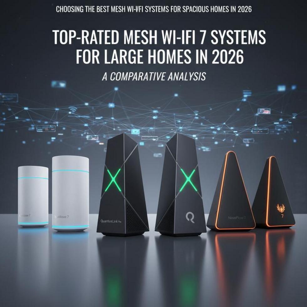 Interior of a large home displaying a modern mesh Wi-Fi system setup with nodes in several rooms.