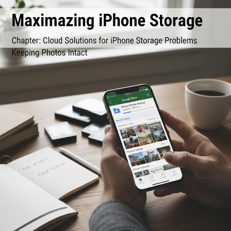 Cloud storage icons and iPhone showing photo backup in progress.