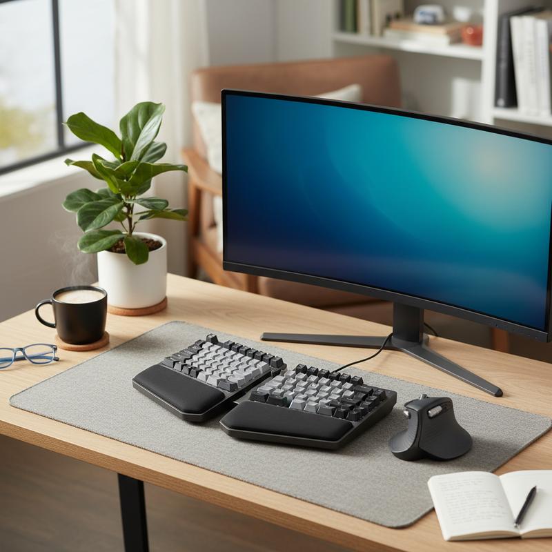 Ergonomic keyboard and mouse on a desk set up for wrist and shoulder comfort.