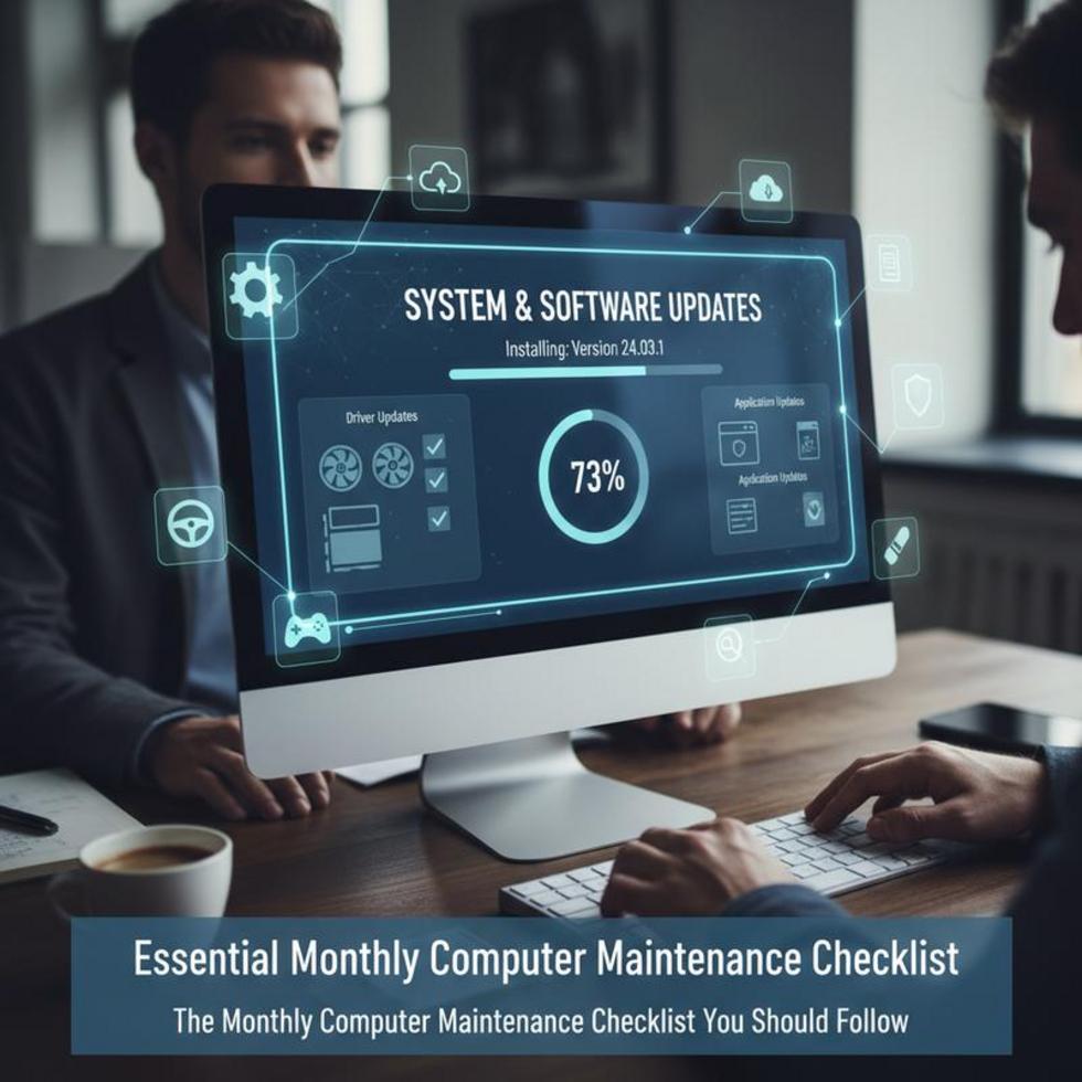 Desktop computer with a maintenance checklist screen in a tidy workspace.