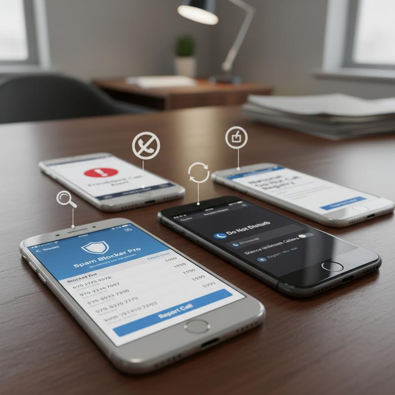 Person reviewing spam call and text blocking options across phone and carrier settings.