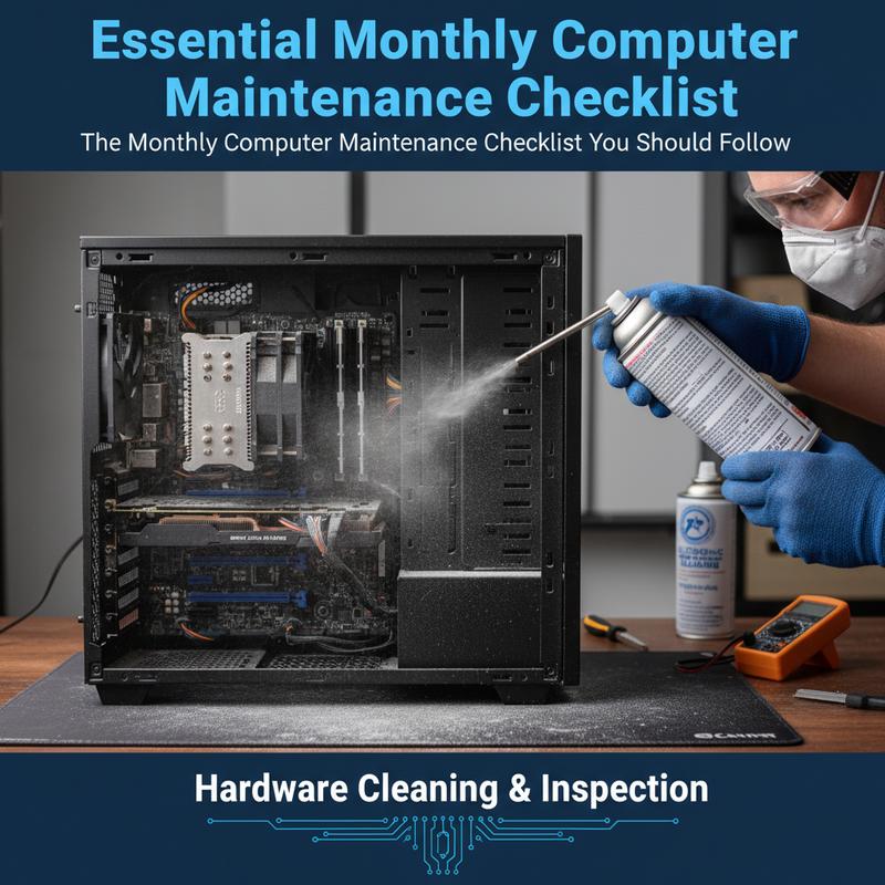 Laptop vents being cleaned and ports checked during a monthly hardware inspection.