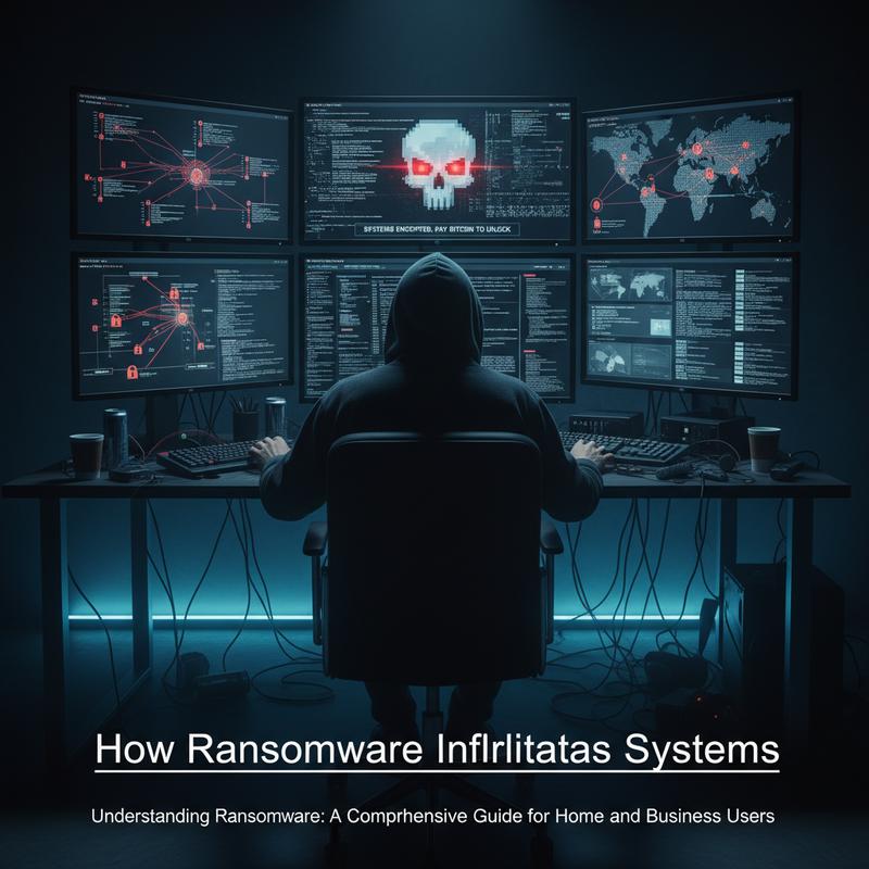Diagram-style graphic showing ransomware entering a computer through common attack paths.