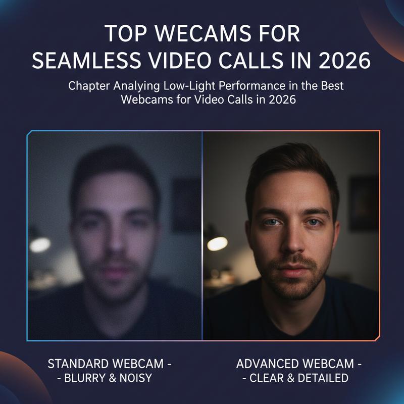 Low-light video call setup showing a webcam working well in a dim room.