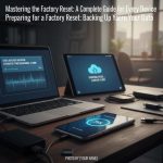 Various devices with factory reset interfaces displayed.