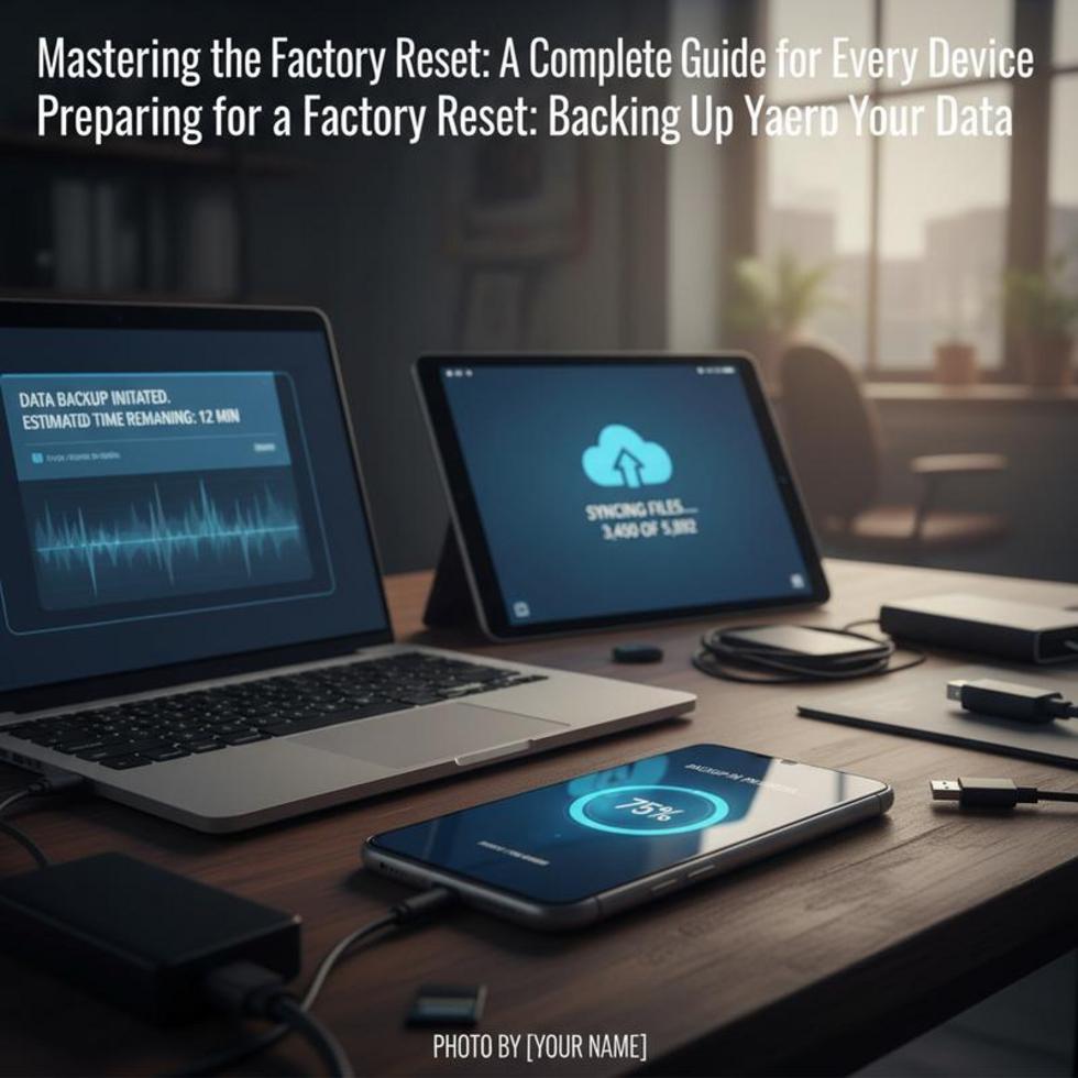 Various devices with factory reset interfaces displayed.
