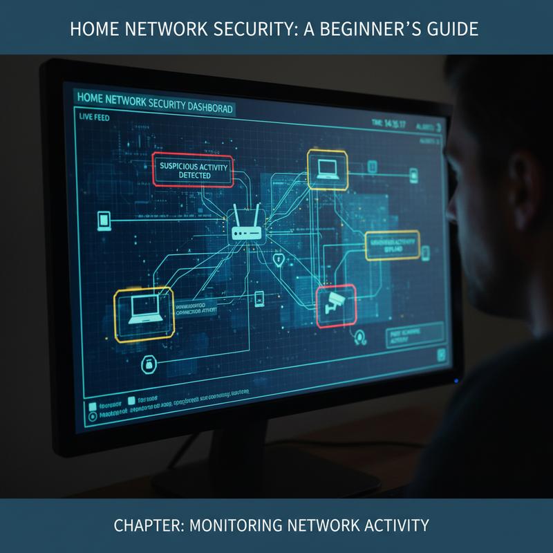 Monitoring home network activity: router logs, device lists, and traffic tools.