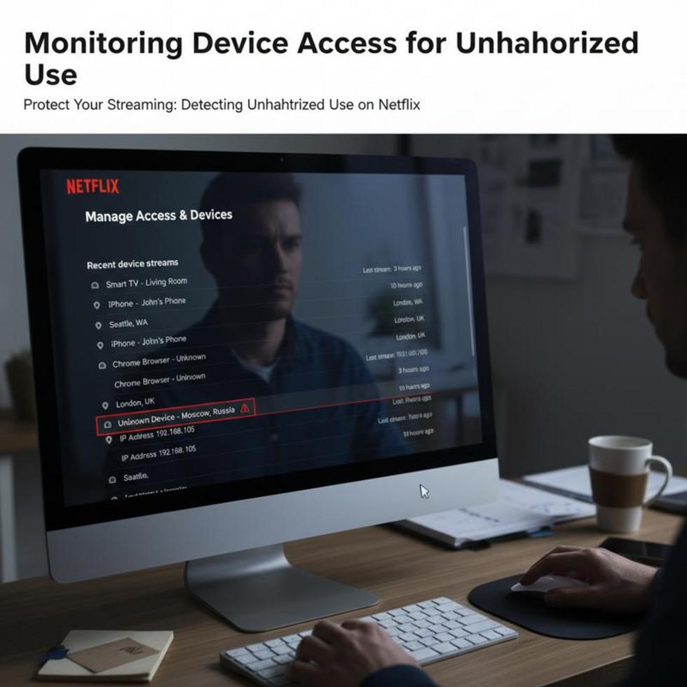 A Netflix account interface alongside a padlock symbol, representing secure and monitored streaming accounts.