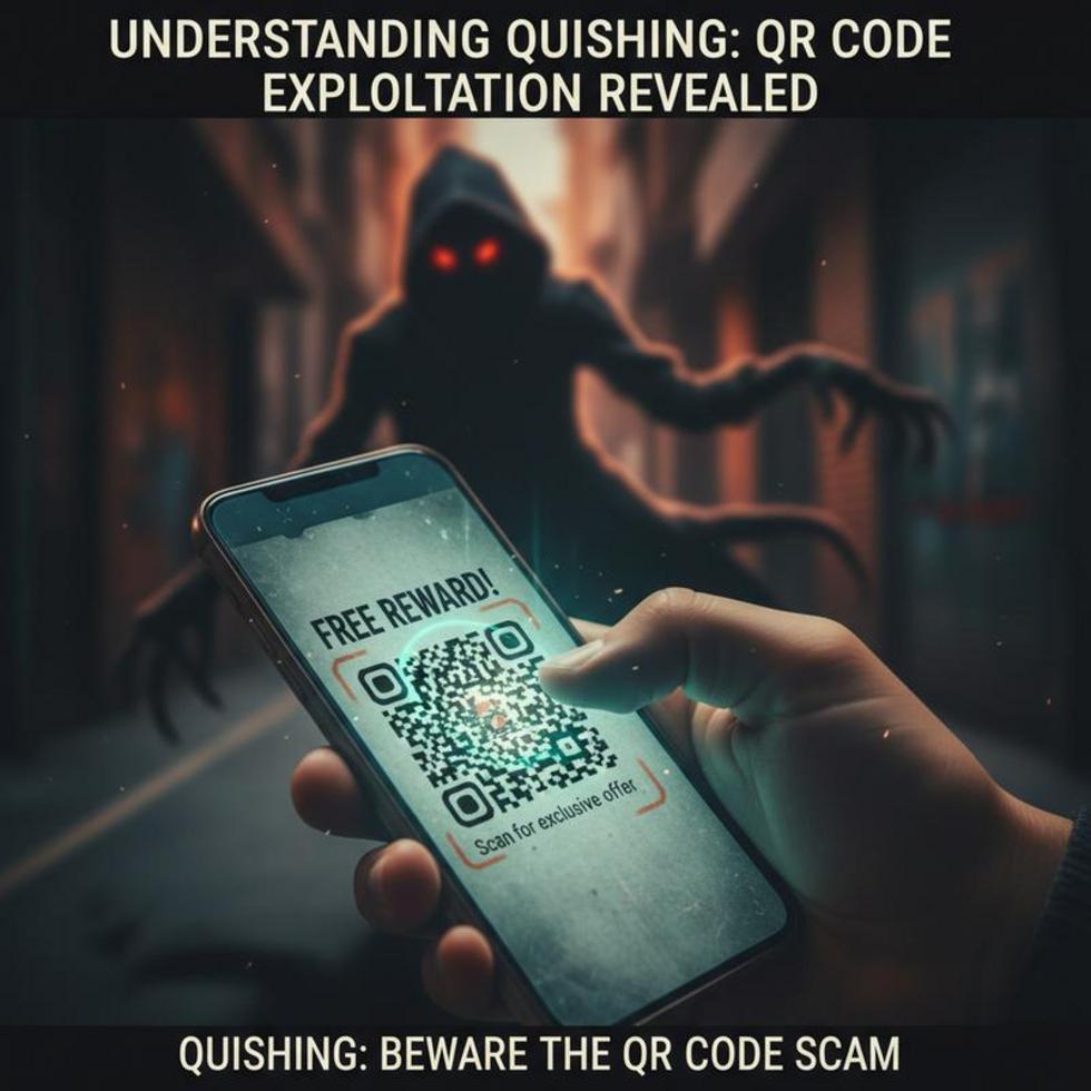 A floating QR code in a cyber landscape surrounded by security icons, representing quishing awareness.