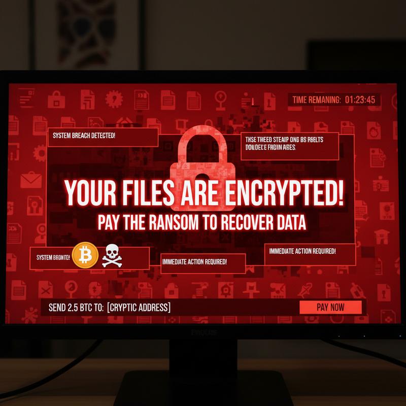 Warning-style image showing signs of ransomware activity on a computer.