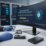 Person looking at a desk filled with old computer technology, considering disposal options.