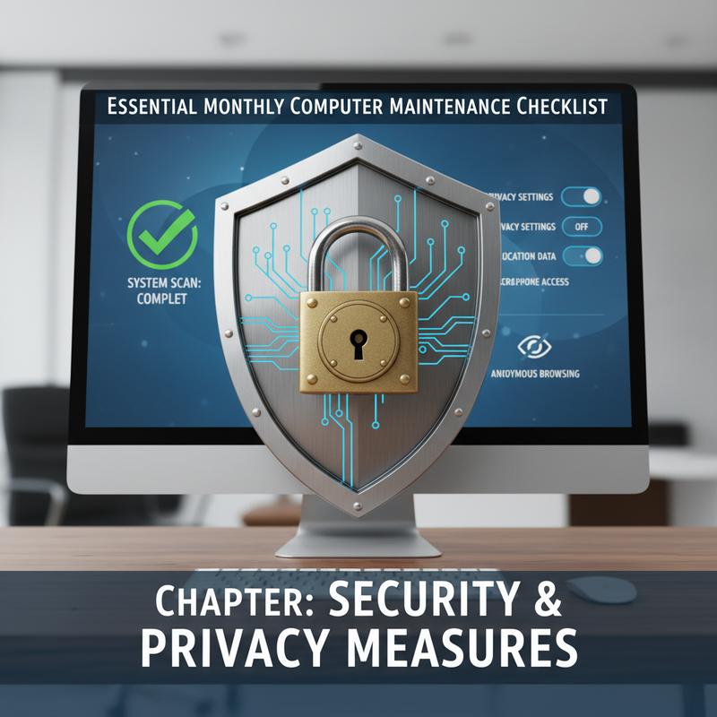 Monthly security checklist with privacy settings and antivirus scan icons.