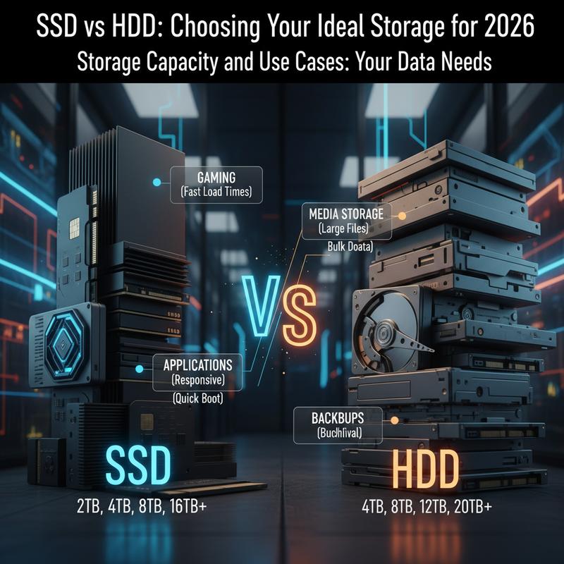 Storage size guide showing SSD and HDD use cases from 1TB to 36TB.