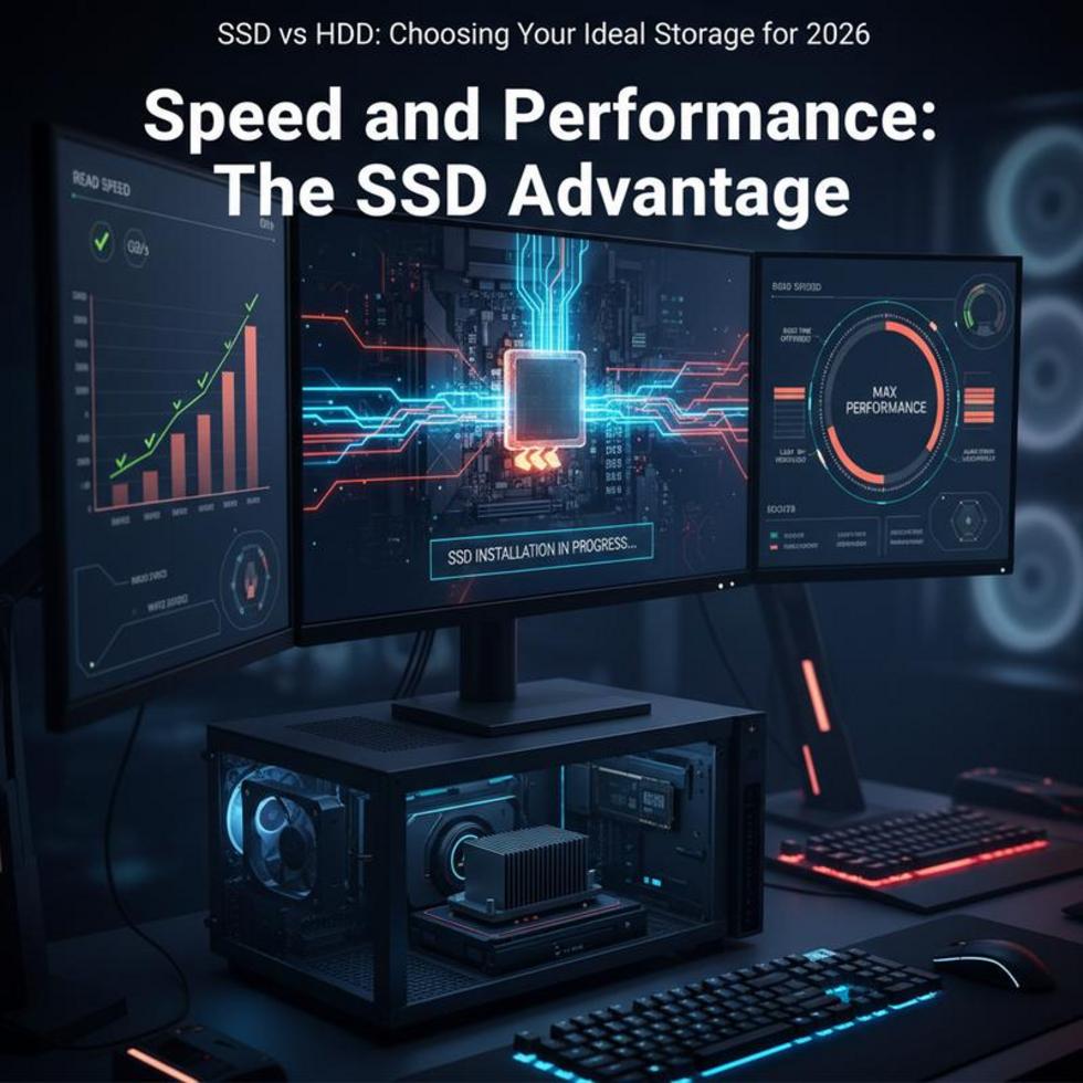 Image of a balanced scale with SSD and HDD on each side, representing the decision between performance and capacity.