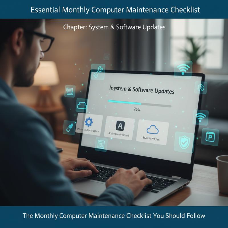 Computer system update screen showing software and security patches installing.