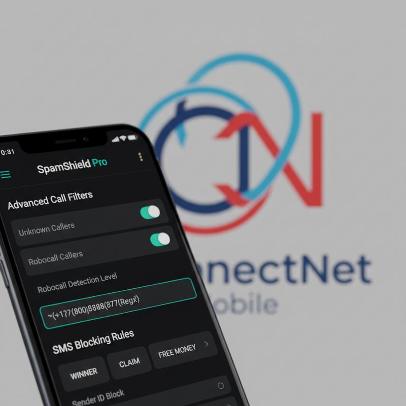 Phone screen showing a carrier spam label and a third-party call blocking app dashboard.