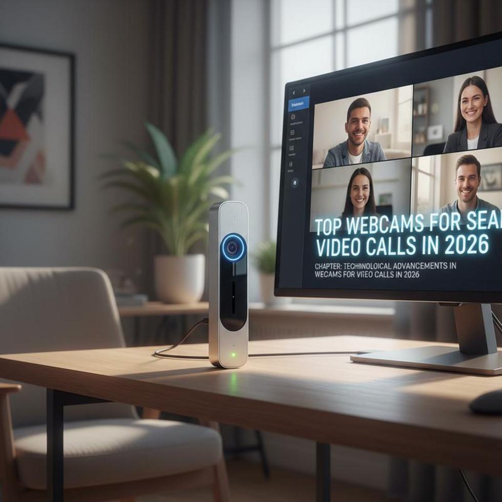 Advanced webcam integrated into a modern remote work setup for enhanced video call capabilities.