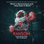 A shield guarding various digital devices against ransomware, with binary code backdrop.