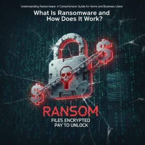 A shield guarding various digital devices against ransomware, with binary code backdrop.