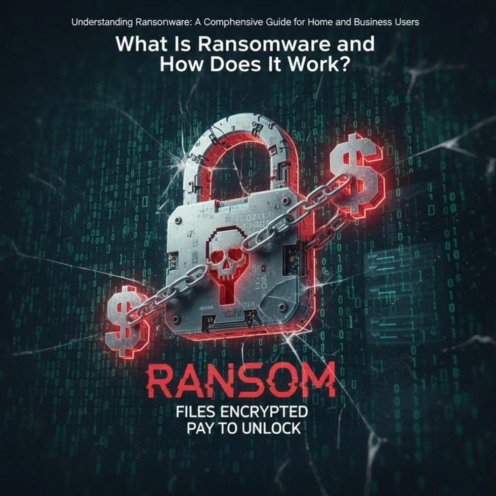 A shield guarding various digital devices against ransomware, with binary code backdrop.