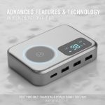 A traveler charging a phone with a power bank in an airport terminal.