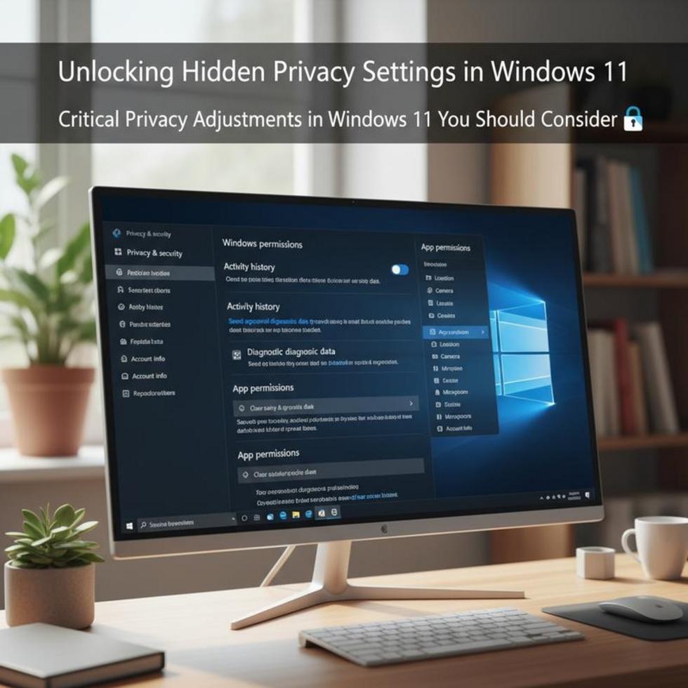 Graphic with Windows 11 logo and digital privacy icons.