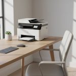 A sleek modern multifunction printer on a minimalist home office desk