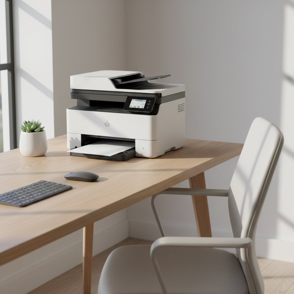 A sleek modern multifunction printer on a minimalist home office desk