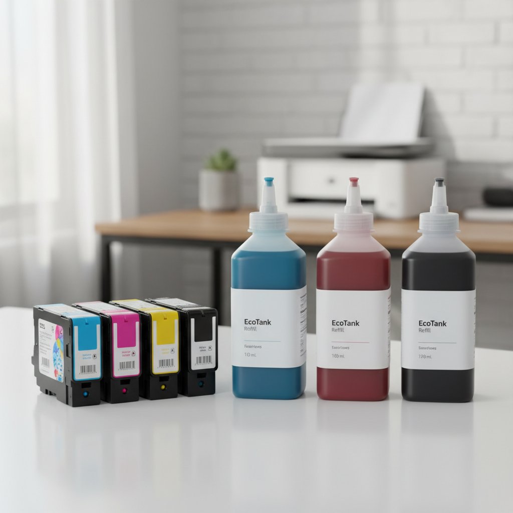 Comparison of traditional ink cartridges next to high-capacity ink tank refill bottles