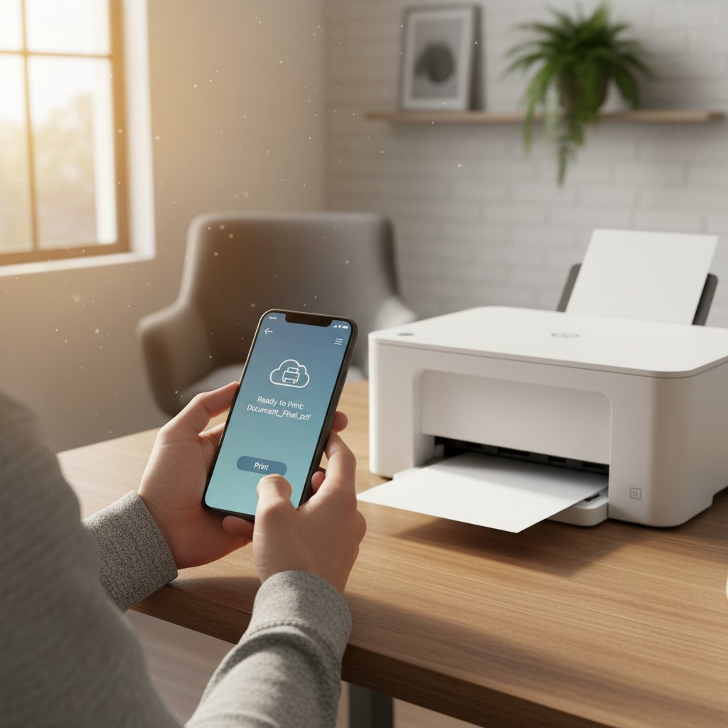 Person setting up a wireless print job from a smartphone app