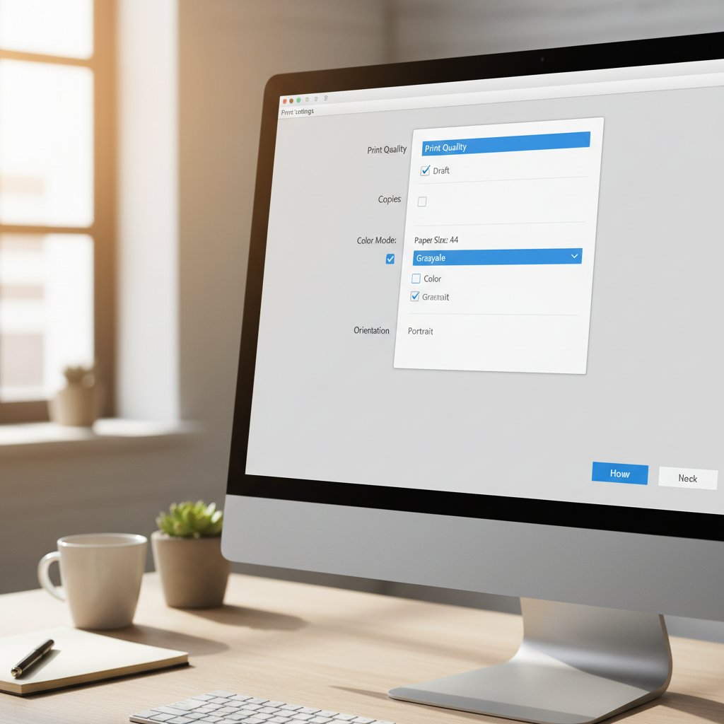 Close up of a computer screen showing printer settings with draft mode and grayscale selected