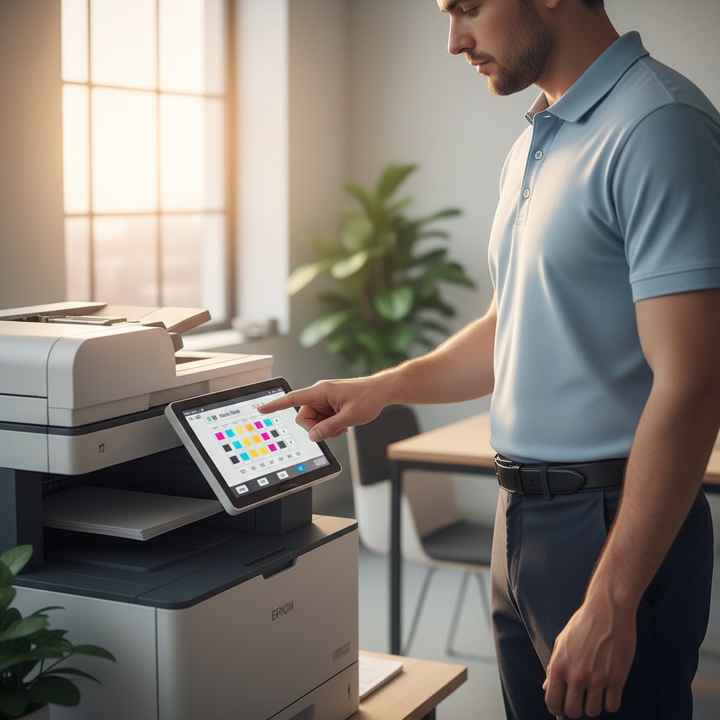 A person running a maintenance nozzle check on a multifunction printer touchscreen