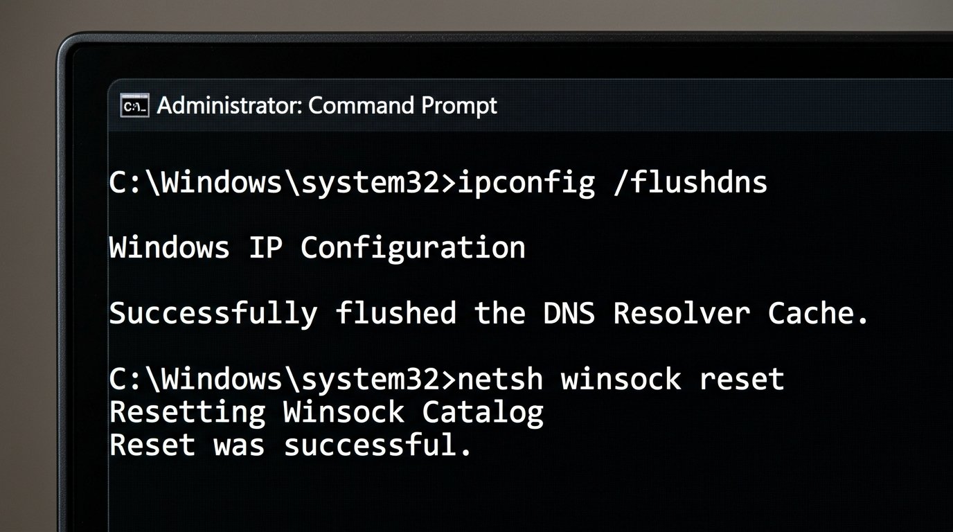 Windows Command Prompt showing ipconfig flushdns and netsh winsock reset commands